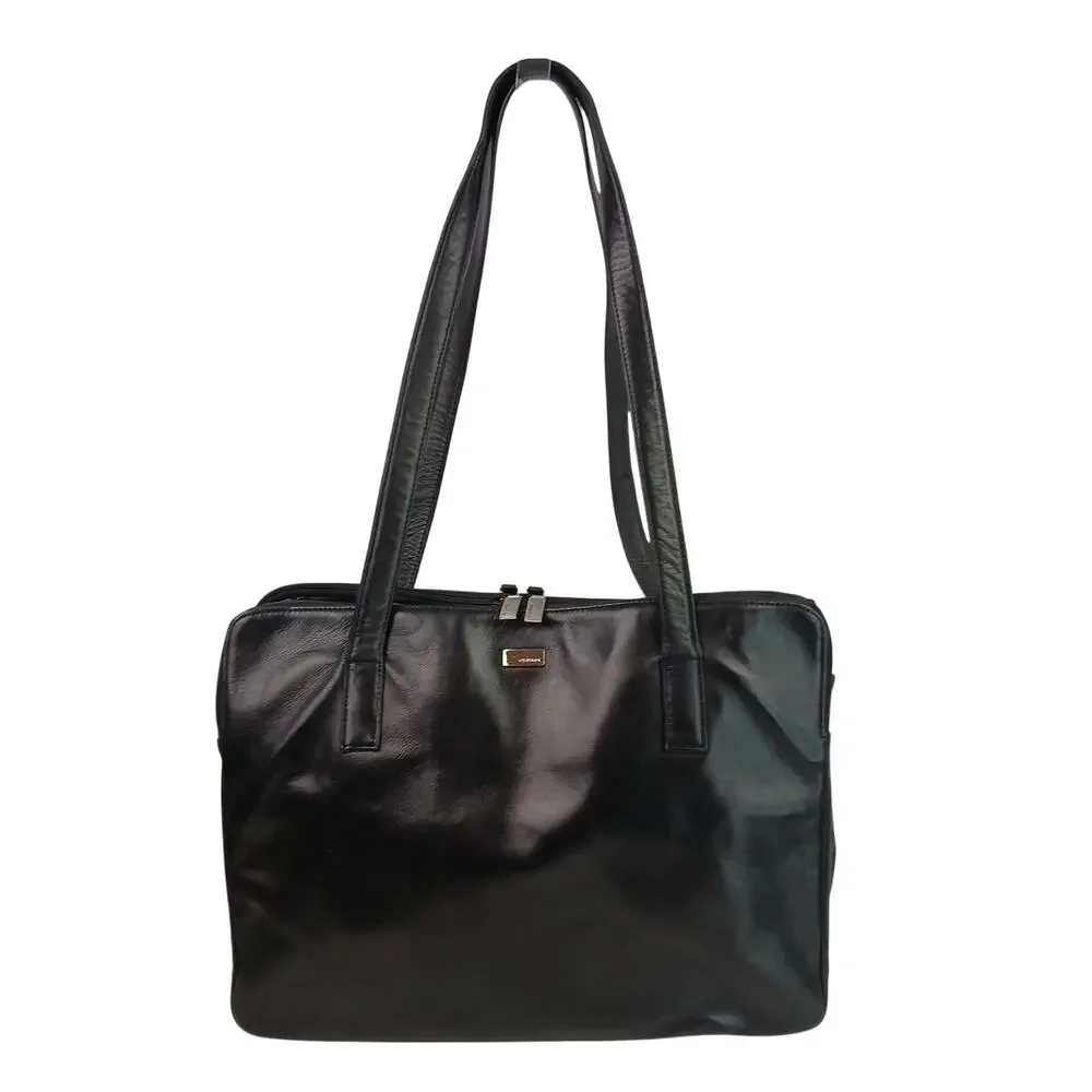 VTG Perlina Buttery Soft Black Leather Briefcase Shoulder Bag 3 Compartments